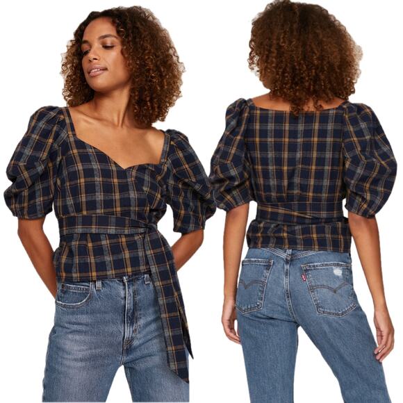 Madewell Navy and Brown Plaid Blouse - Picture 1 of 16